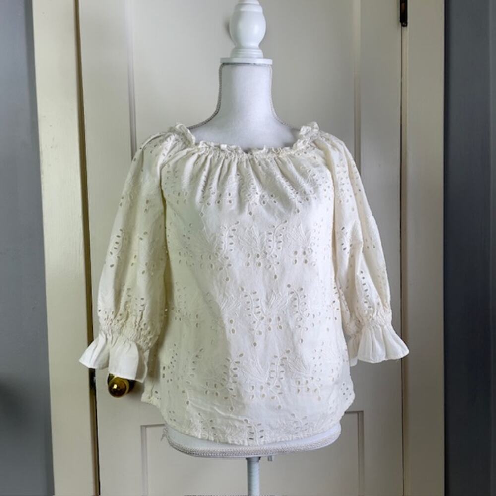 White Eyelet Off Shoulder Blouse Cottagecore Peasant Lined Cotton Top S